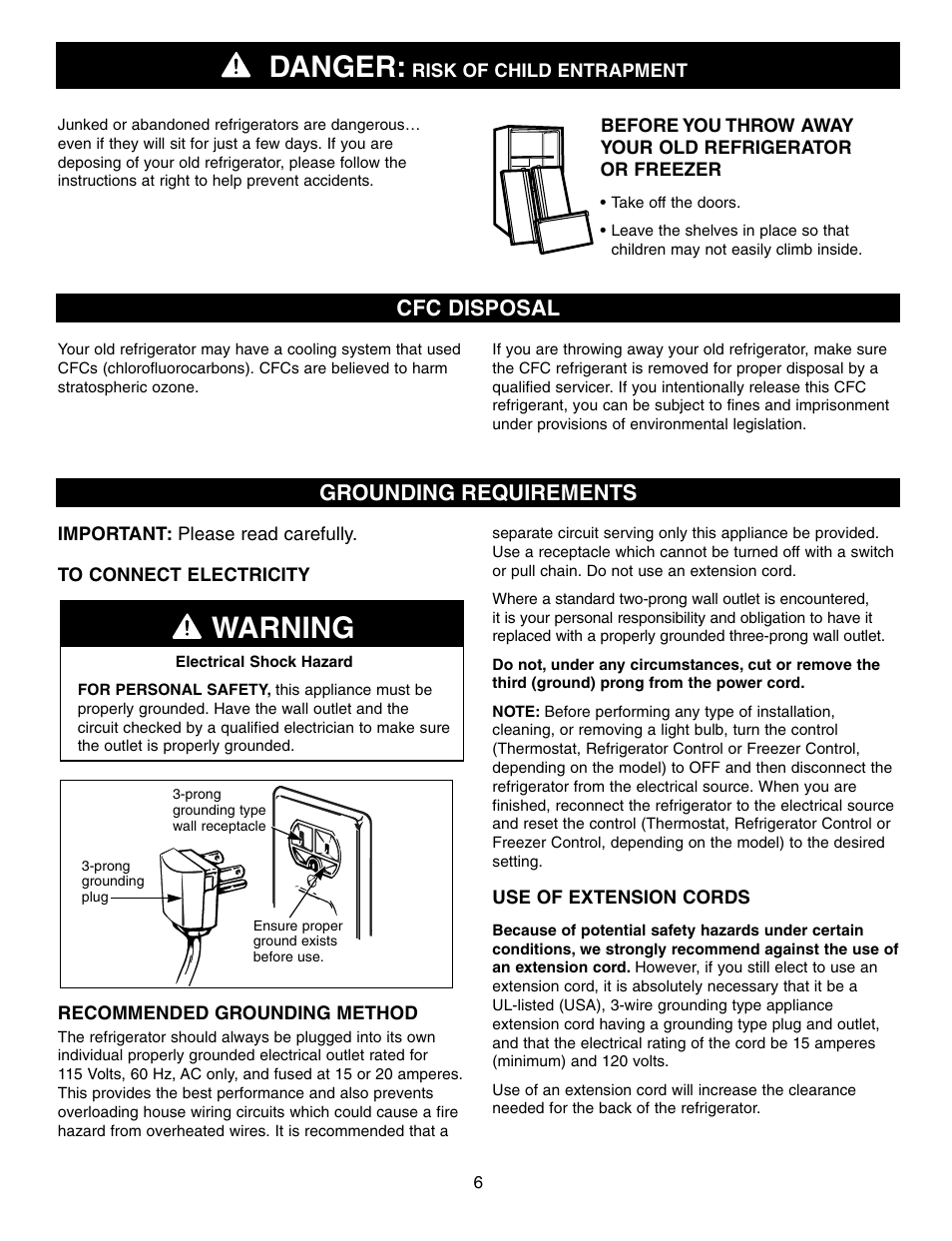 Warning, Danger, Cfc disposal grounding requirements | LG LFX25960 User Manual | Page 6 / 40