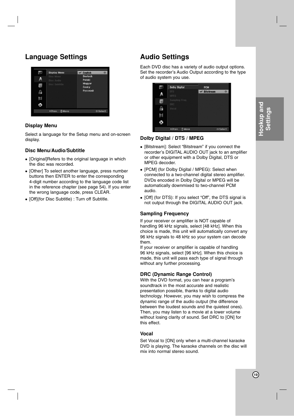 Language settings, Audio settings | LG RH188S User Manual | Page 19 / 58