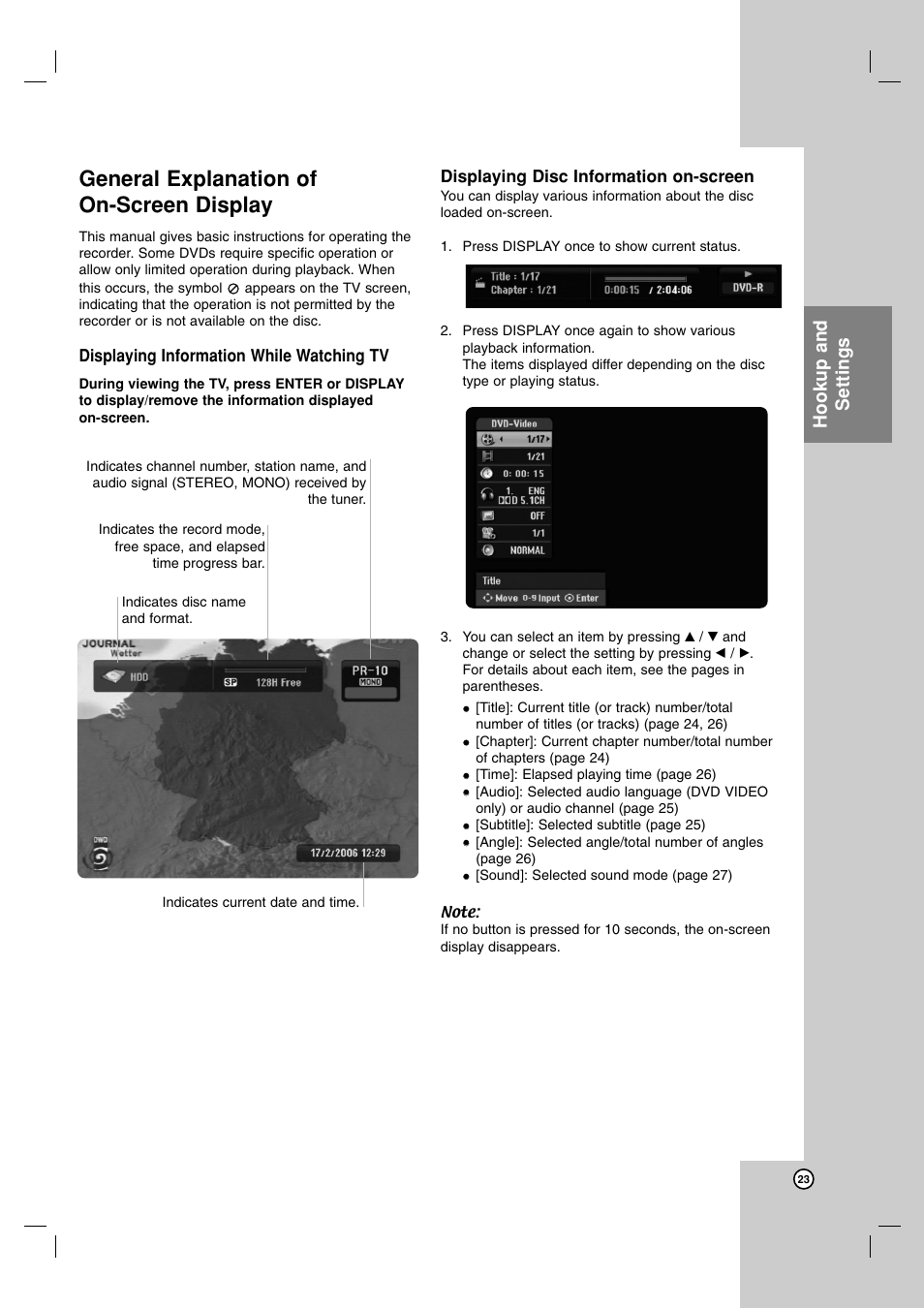 General explanation of on-screen display, Hookup and settings | LG RH188S User Manual | Page 23 / 58