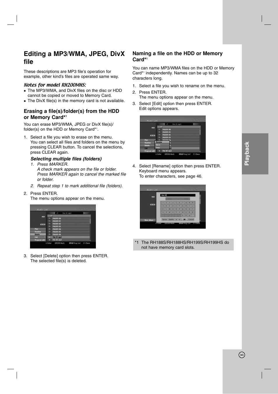 Editing a mp3/wma, jpeg, divx file, Playback | LG RH188S User Manual | Page 33 / 58