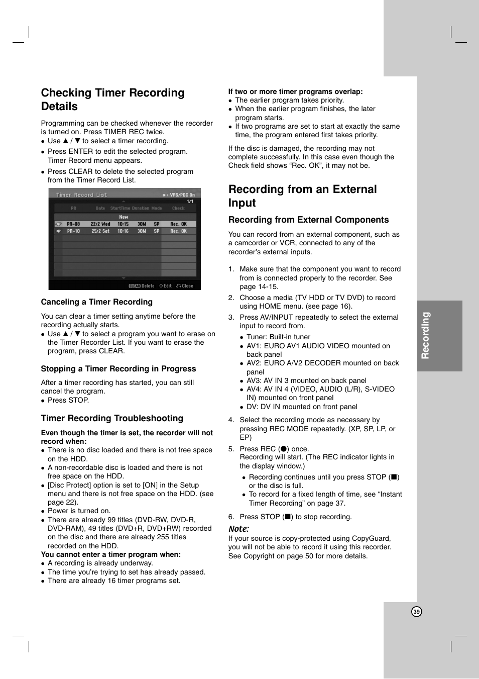 Checking timer recording details, Recording from an external input, Recording | LG RH188S User Manual | Page 39 / 58