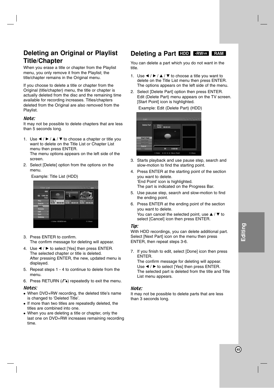 Deleting an original or playlist title/chapter, Deleting a part, Editing | LG RH188S User Manual | Page 45 / 58