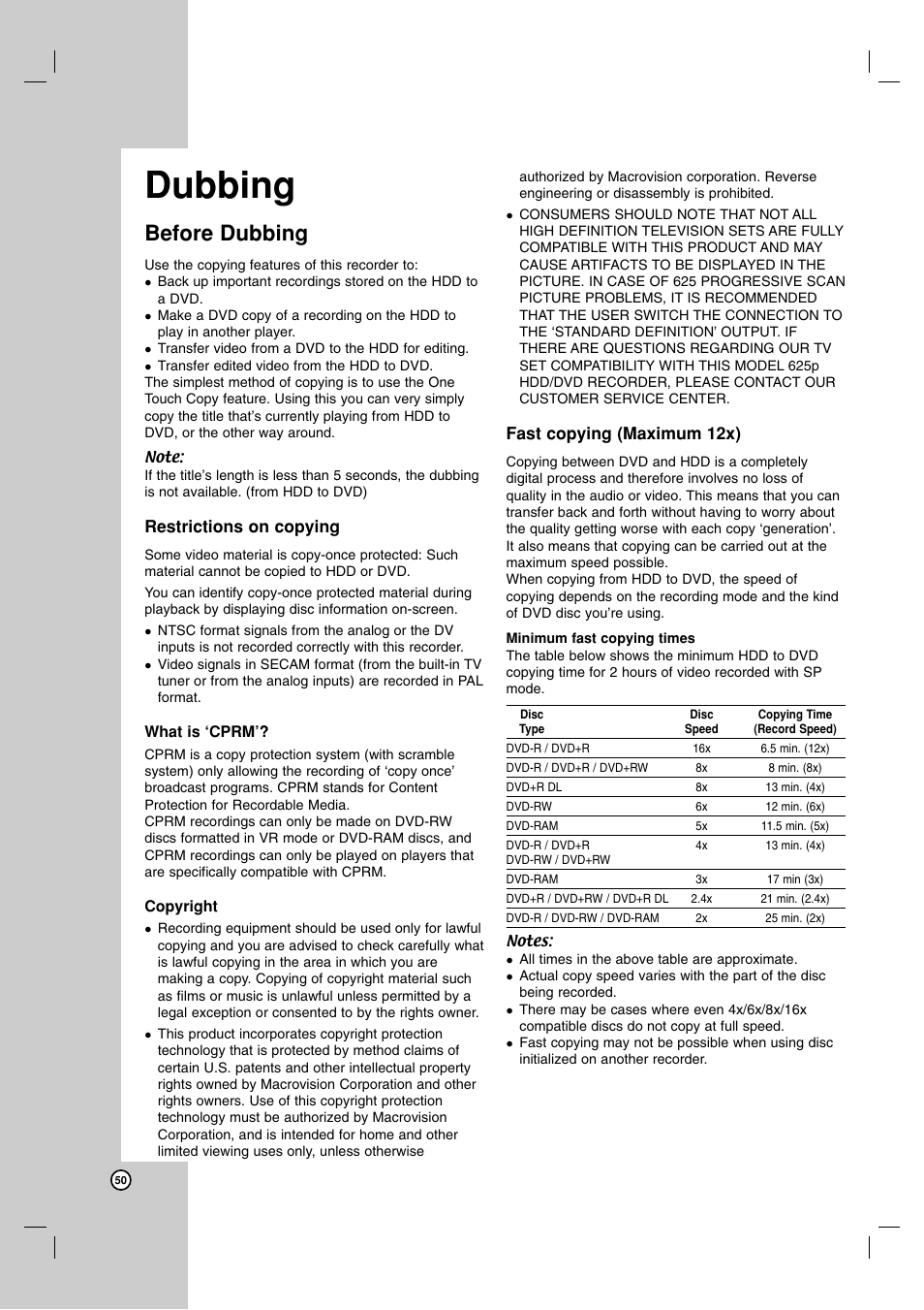 Dubbing, Before dubbing, Restrictions on copying | Fast copying (maximum 12x) | LG RH188S User Manual | Page 50 / 58