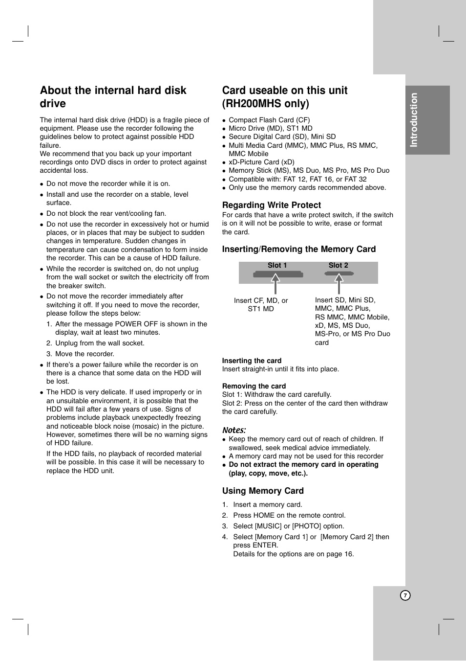 About the internal hard disk drive, Card useable on this unit (rh200mhs only), Introduction | LG RH188S User Manual | Page 7 / 58
