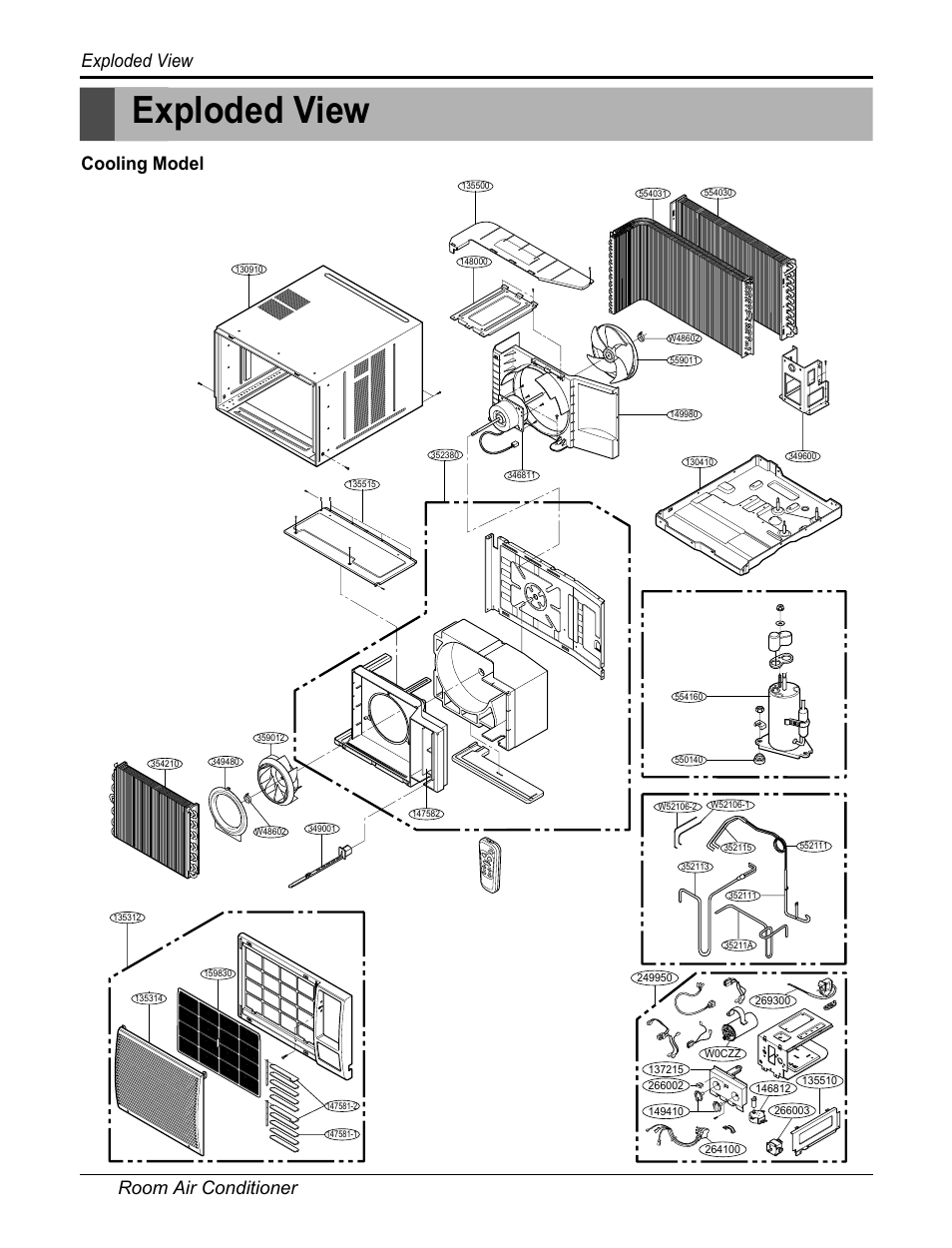 Exploded view, Room air conditioner exploded view, Cooling model | LG WG1805RY6 User Manual | Page 36 / 42