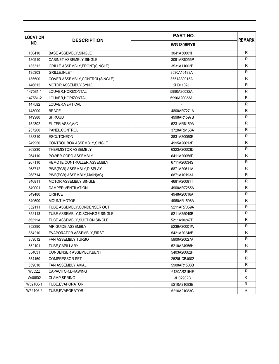36 room air conditioner replacement parts list | LG WG1805RY6 User Manual | Page 38 / 42