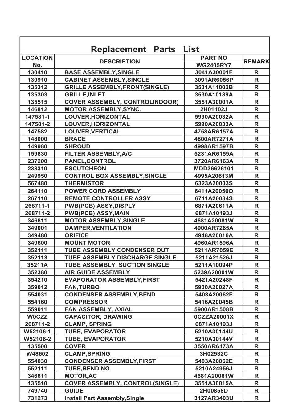 Replacement parts list | LG WG1805RY6 User Manual | Page 39 / 42