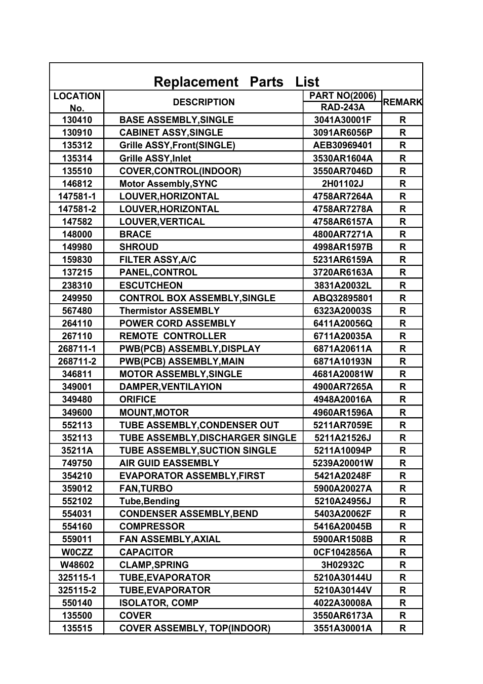 Replacement parts list | LG WG1805RY6 User Manual | Page 41 / 42
