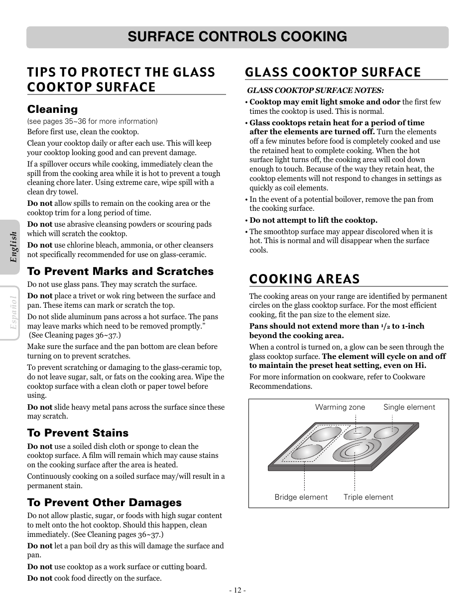 Surface controls cooking, Cooking areas, Tips to protect the glass cooktop surface | Cleaning | LG LRE30955ST User Manual | Page 12 / 88
