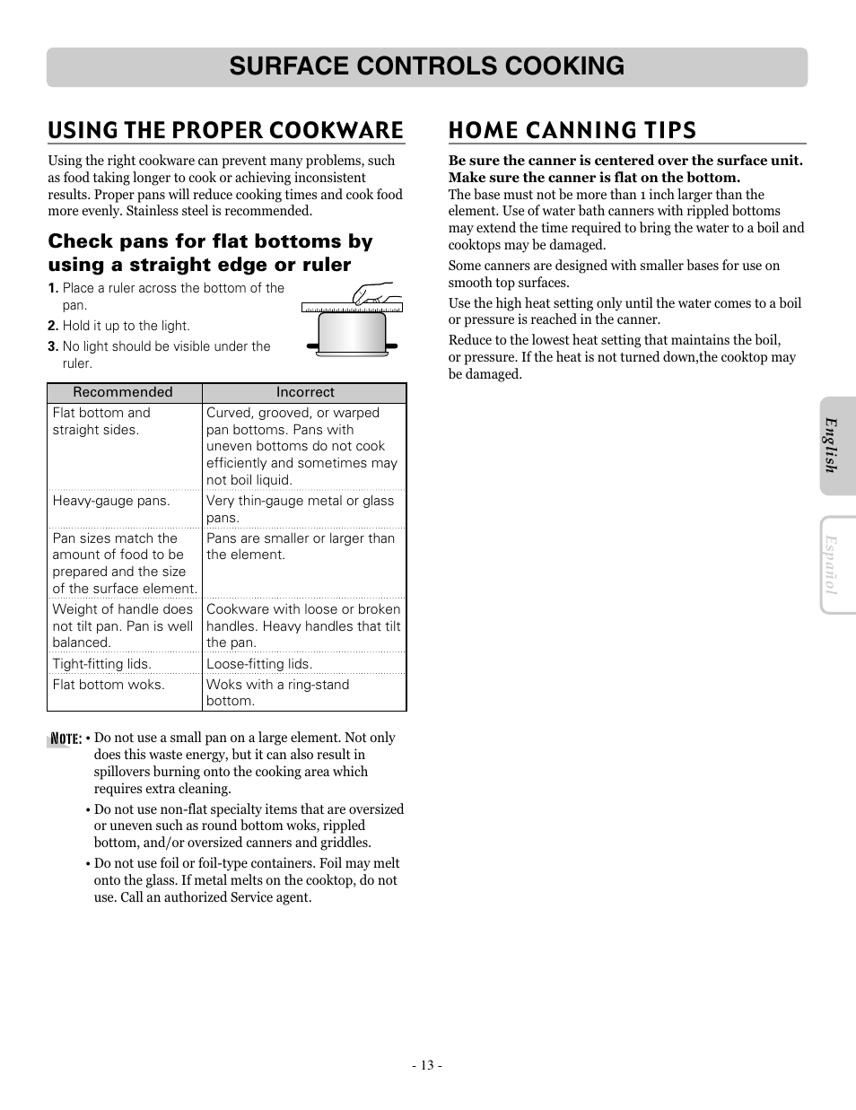 Surface controls cooking, Home canning tips, Using the proper cookware | LG LRE30955ST User Manual | Page 13 / 88