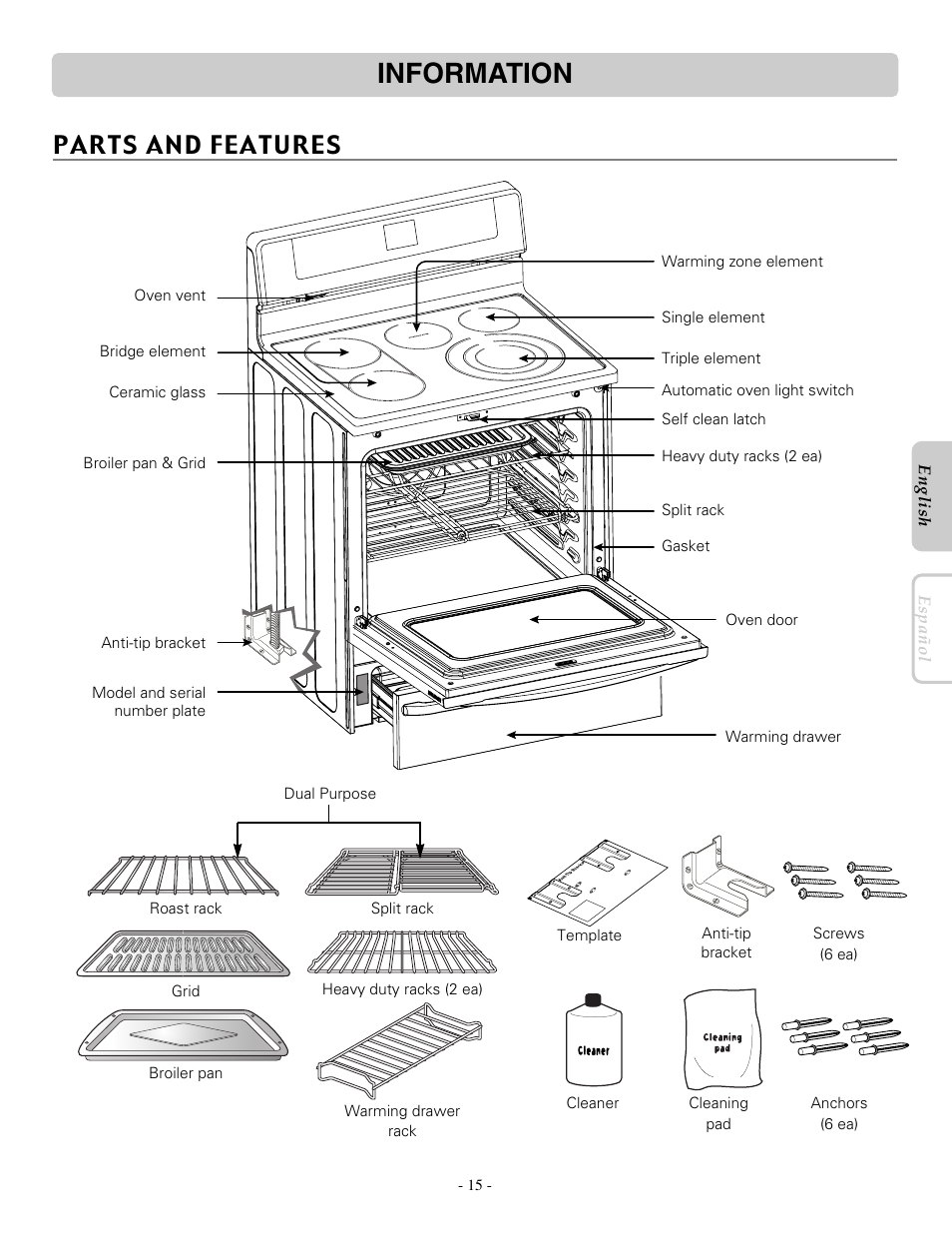 Information, Parts and features | LG LRE30955ST User Manual | Page 15 / 88