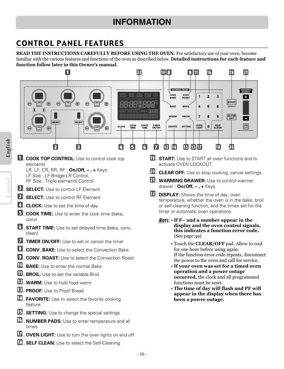Information, Control panel features | LG LRE30955ST User Manual | Page 16 / 88