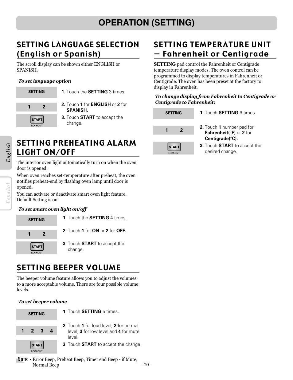 Operation (setting), Setting beeper volume, Setting preheating alarm li gh t on /o ff | Setting language selection (english or spanish) | LG LRE30955ST User Manual | Page 20 / 88