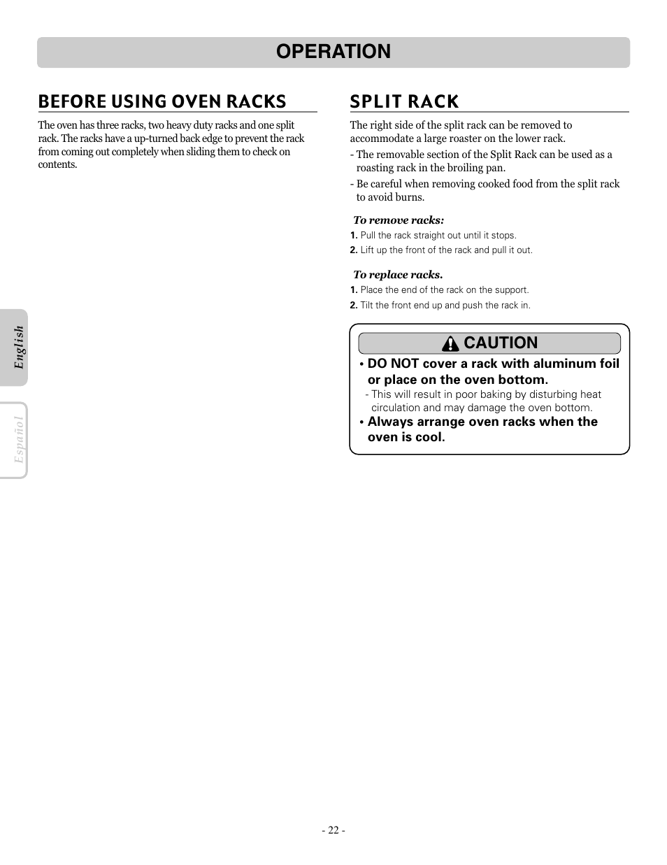 Operation, Before using oven racks, Caution | LG LRE30955ST User Manual | Page 22 / 88