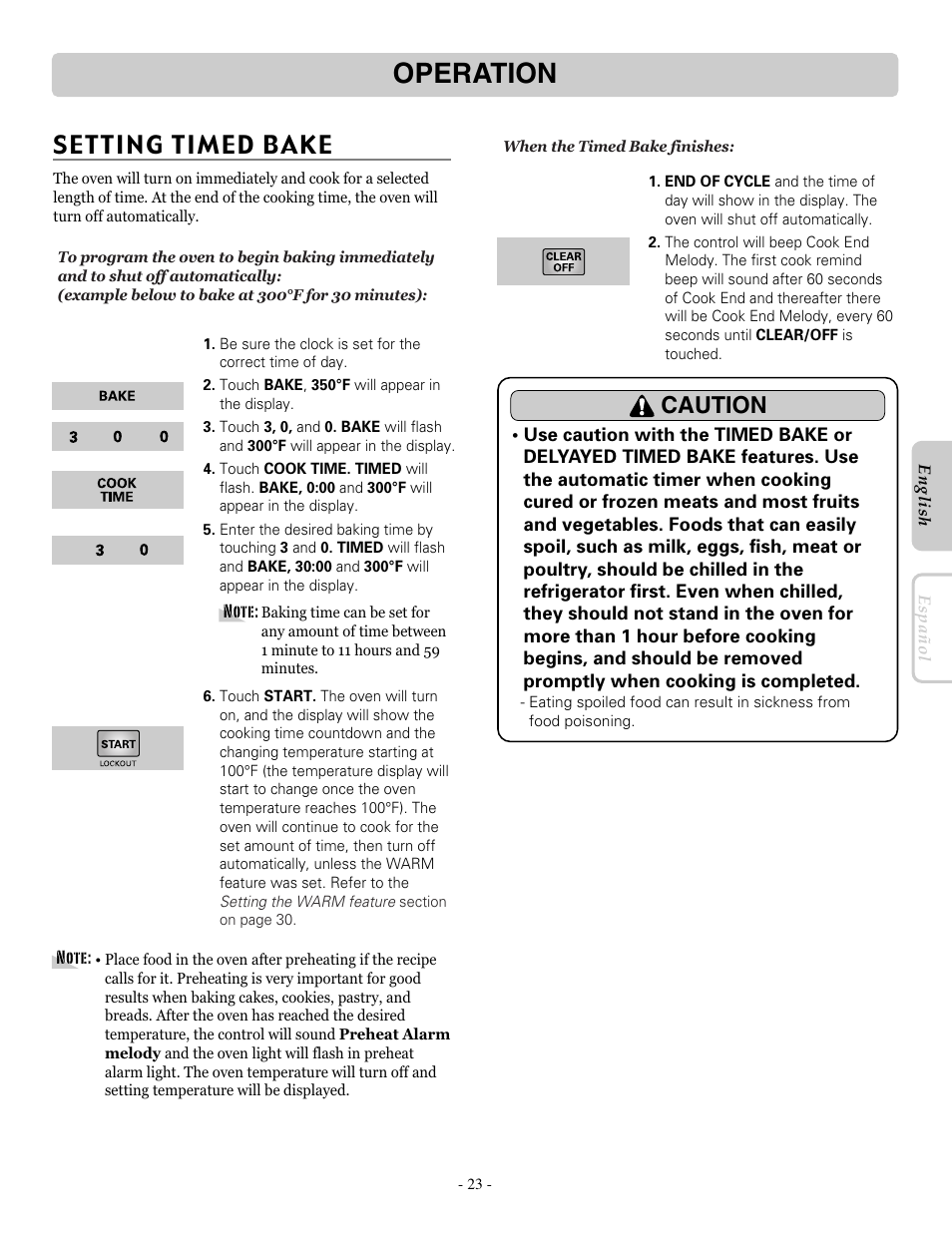 Operation, Setting timed bake, Caution | LG LRE30955ST User Manual | Page 23 / 88