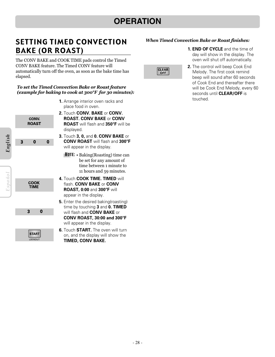 Operation, Setting timed convection bake (or roast) | LG LRE30955ST User Manual | Page 28 / 88