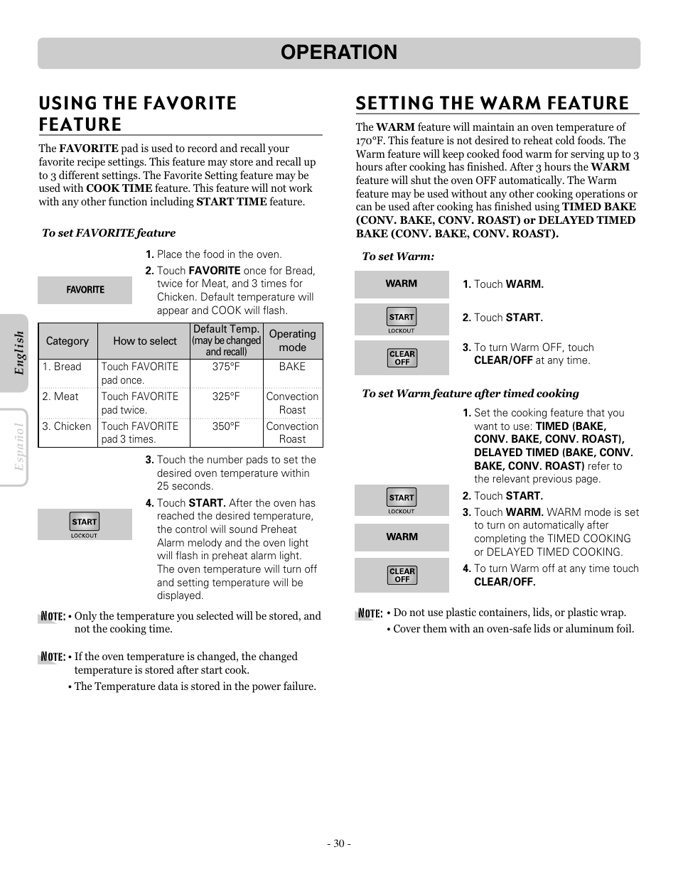Operation, Setting the warm feature | LG LRE30955ST User Manual | Page 30 / 88