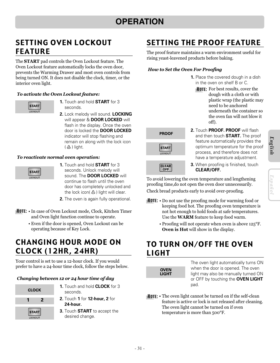 Operation, Setting the proof feature, Changing hour mode on clock (12hr, 24hr) | LG LRE30955ST User Manual | Page 31 / 88