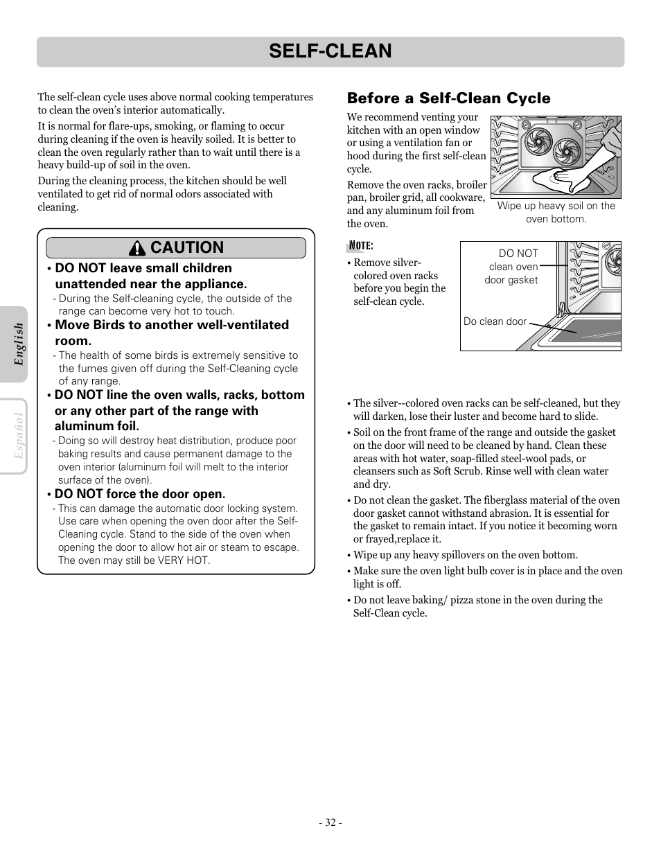 Self-clean, Caution, Before a self-clean cycle | LG LRE30955ST User Manual | Page 32 / 88