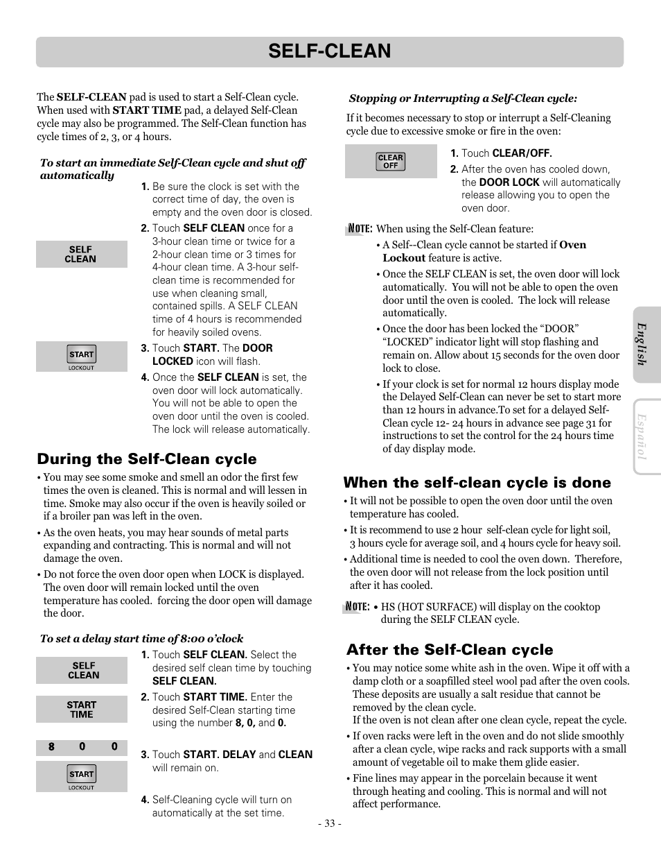 Self-clean, During the self-clean cycle, After the self-clean cycle | When the self-clean cycle is done | LG LRE30955ST User Manual | Page 33 / 88
