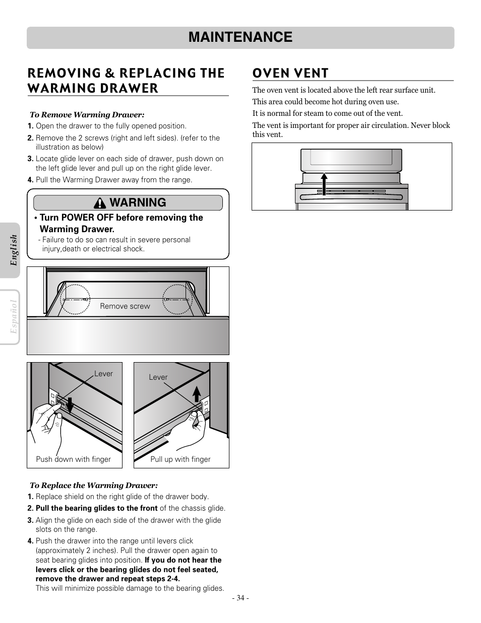 Maintenance, Removing & replacing the warming drawer, Warning | LG LRE30955ST User Manual | Page 34 / 88