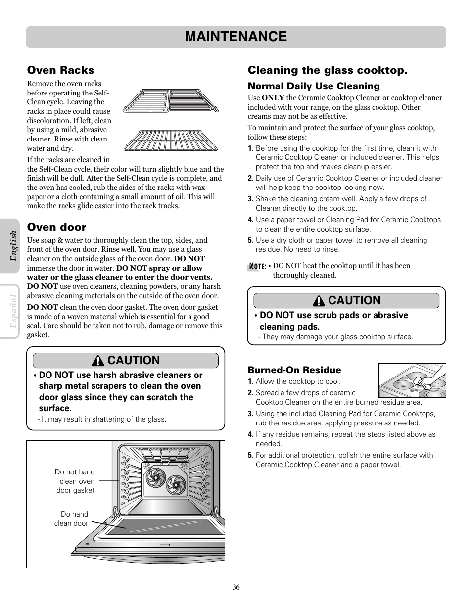 Maintenance, Caution, Oven door | Oven racks, Cleaning the glass cooktop | LG LRE30955ST User Manual | Page 36 / 88