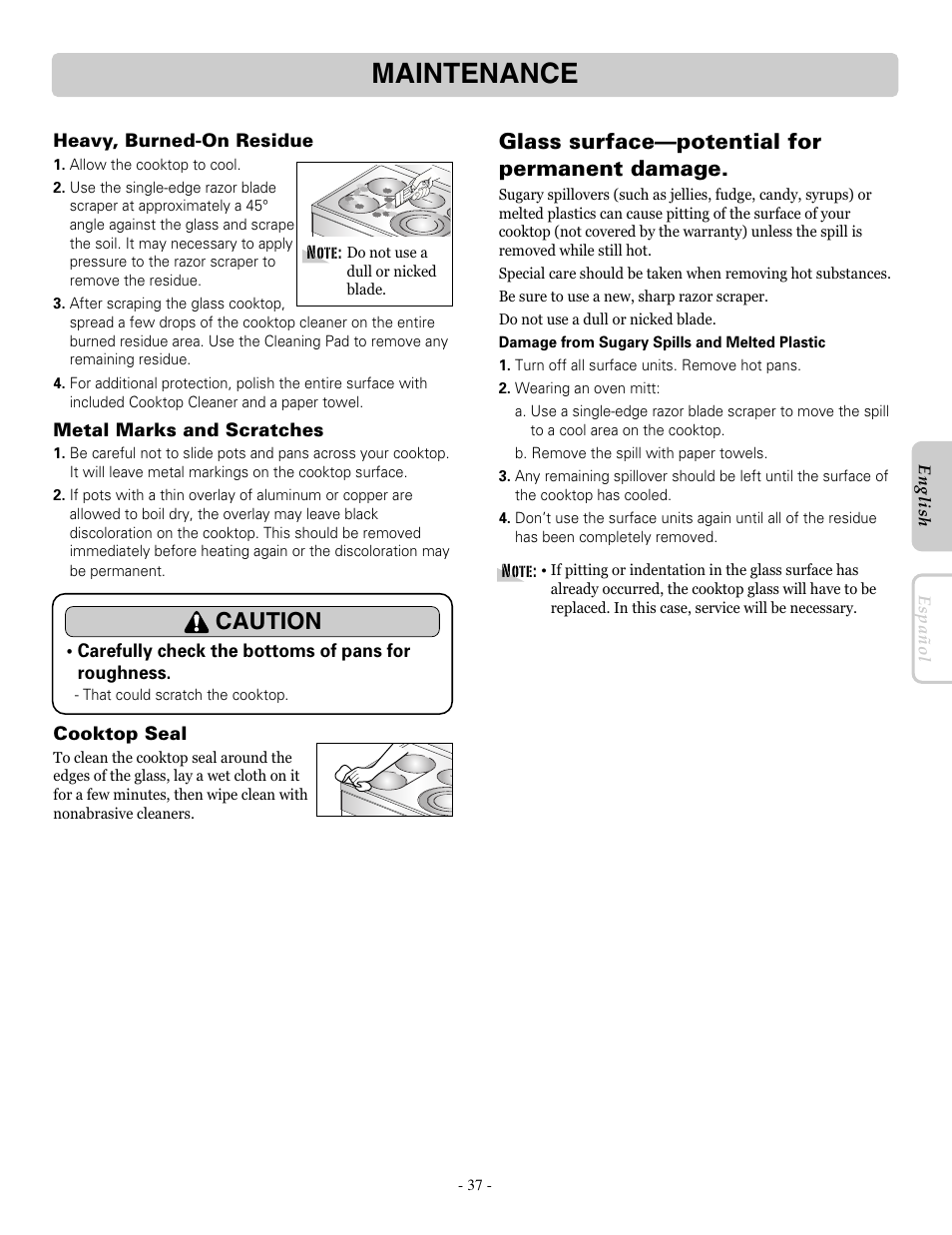 Maintenance, Caution, Glass surface—potential for permanent damage | LG LRE30955ST User Manual | Page 37 / 88