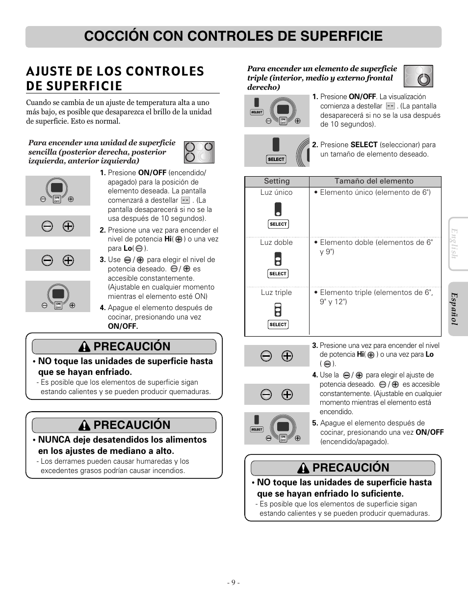 Cocción con controles de superficie, Ajuste de los controles de superficie, Precaución | LG LRE30955ST User Manual | Page 53 / 88