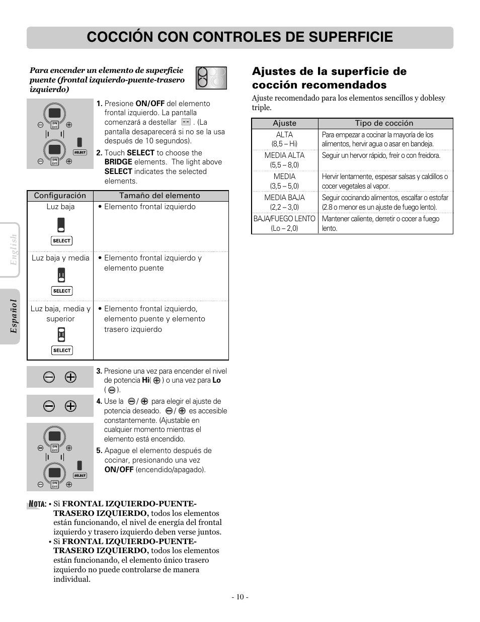 Cocción con controles de superficie, Ajustes de la superficie de cocción recomendados | LG LRE30955ST User Manual | Page 54 / 88