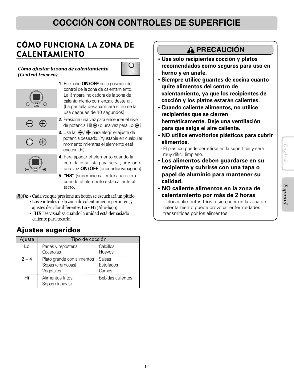 Cocción con controles de superficie, Cómo funciona la zona de calentamiento, Precaución | Ajustes sugeridos | LG LRE30955ST User Manual | Page 55 / 88