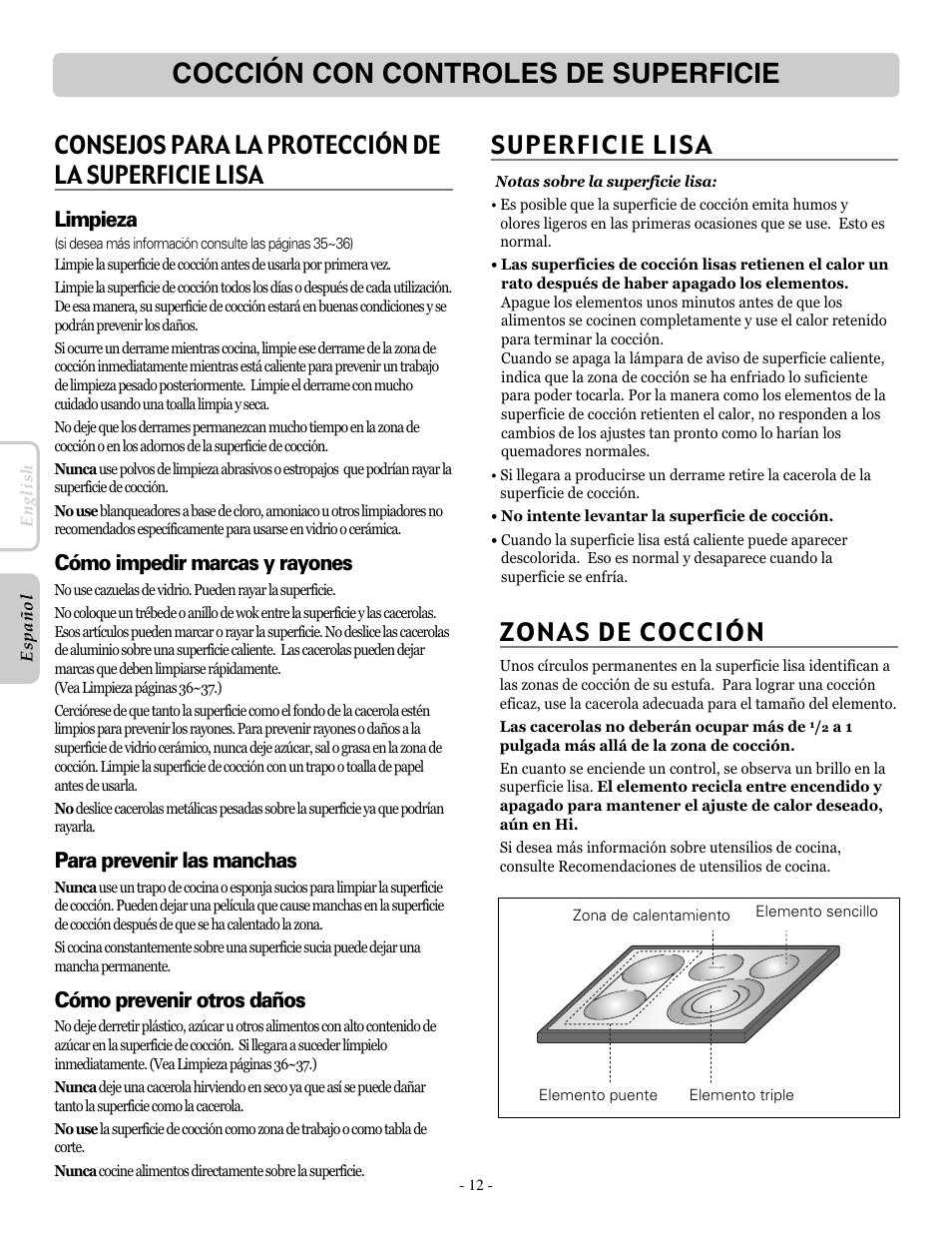 Cocción con controles de superficie, Zonas de cocción, Superficie lisa | Consejos para la protección de la superficie lisa, Limpieza, Cómo impedir marcas y rayones, Para prevenir las manchas, Cómo prevenir otros daños | LG LRE30955ST User Manual | Page 56 / 88