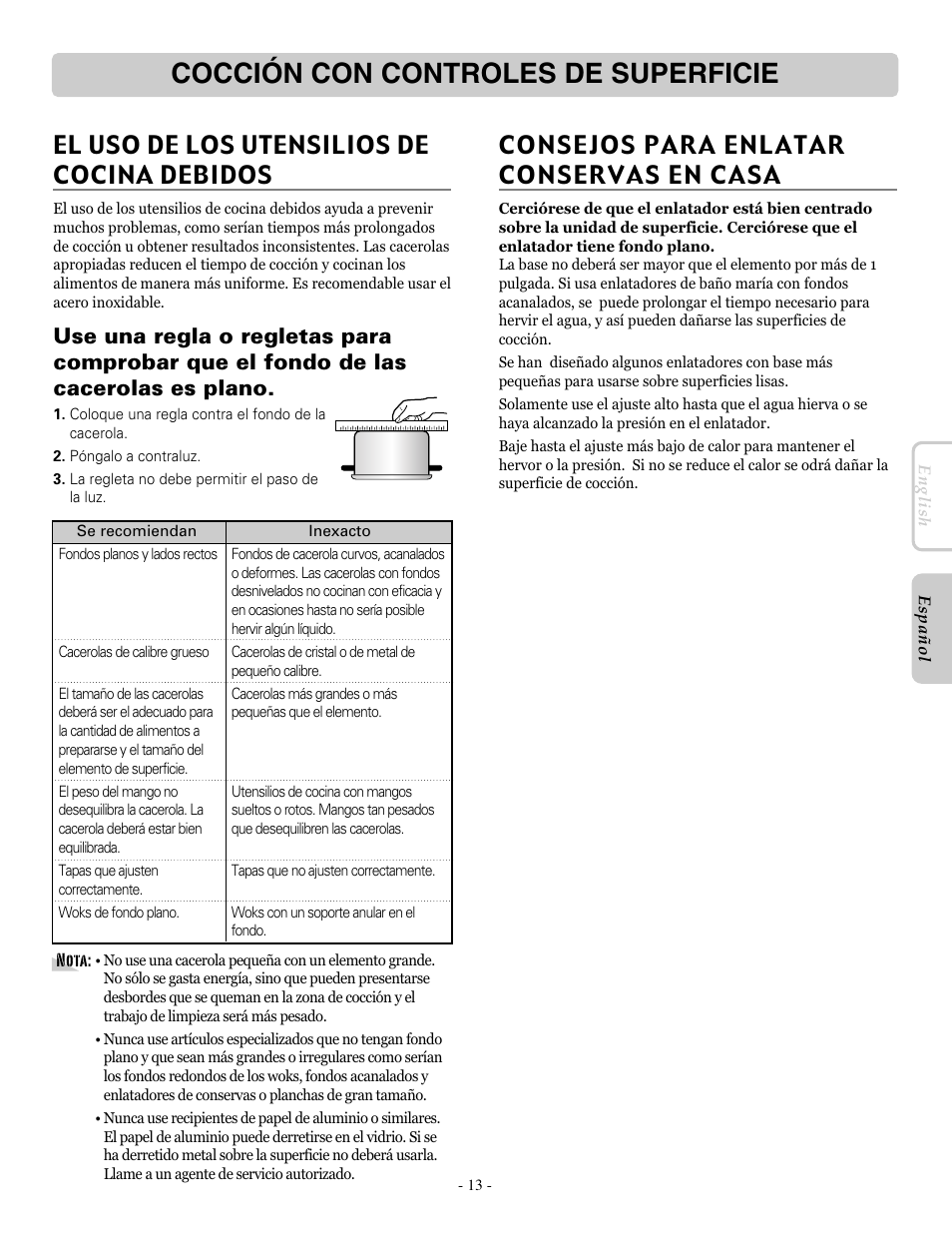 Cocción con controles de superficie, Consejos para enlatar conservas en casa, El uso de los utensilios de cocina debidos | LG LRE30955ST User Manual | Page 57 / 88