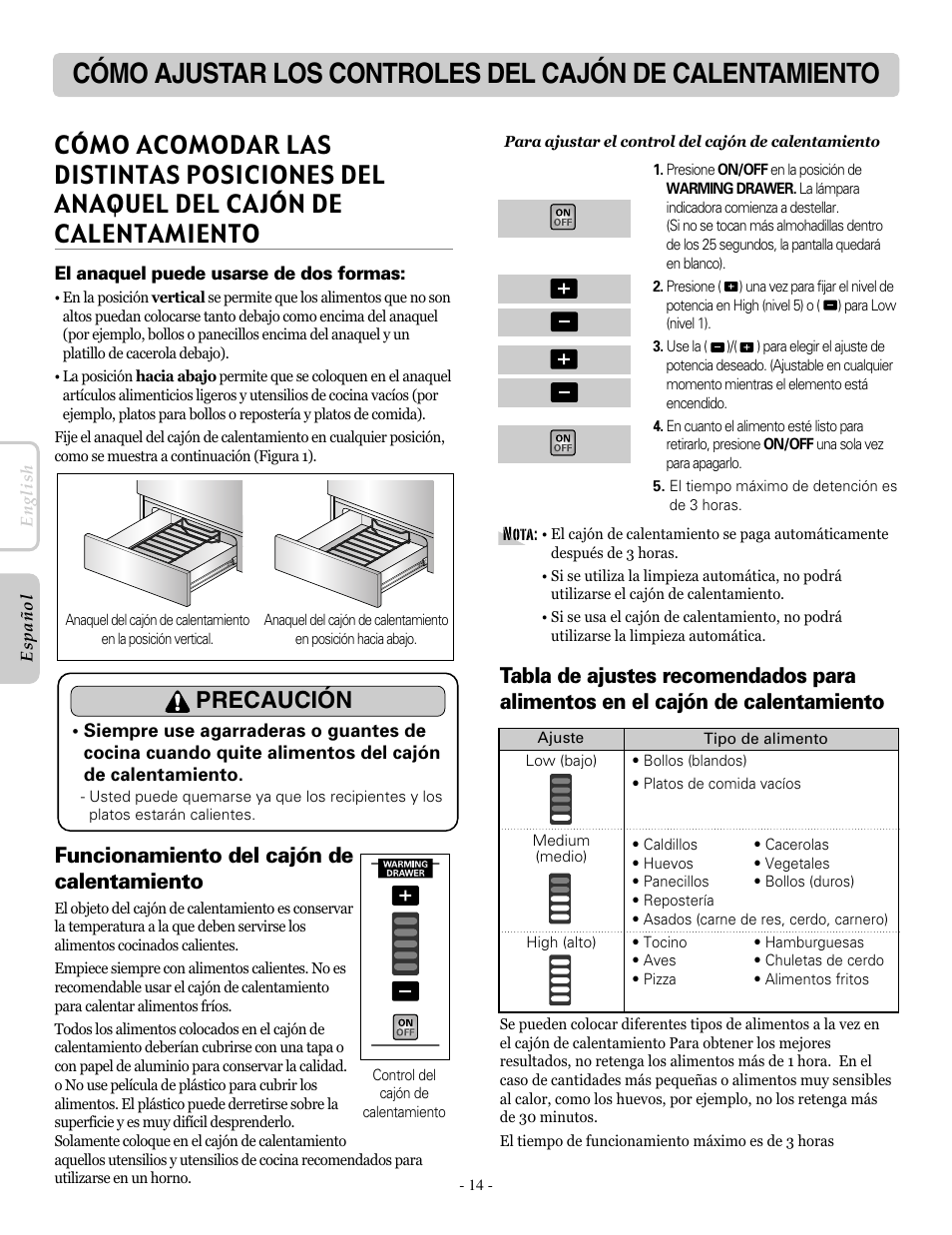 Precaución, Funcionamiento del cajón de calentamiento | LG LRE30955ST User Manual | Page 58 / 88
