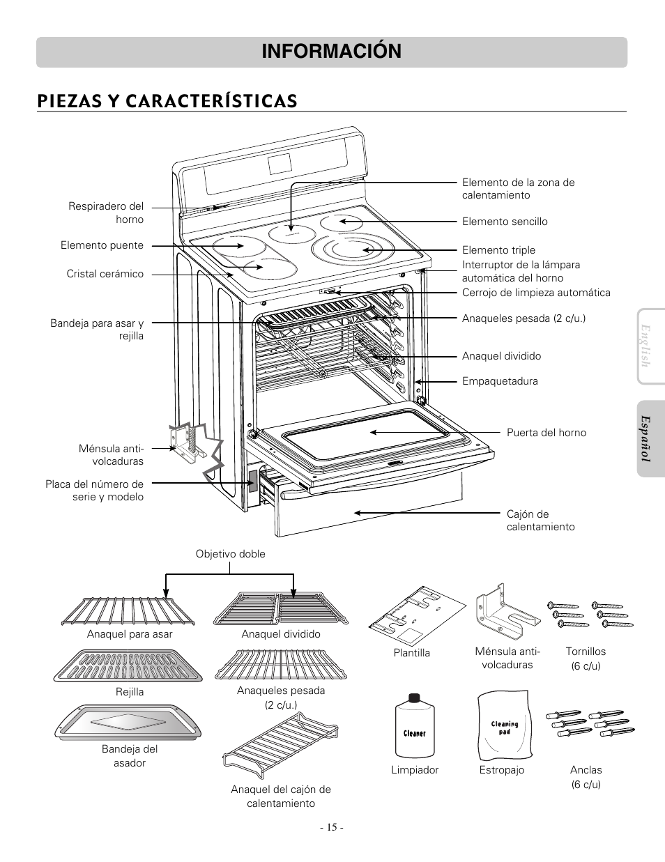 Información, Piezas y características | LG LRE30955ST User Manual | Page 59 / 88