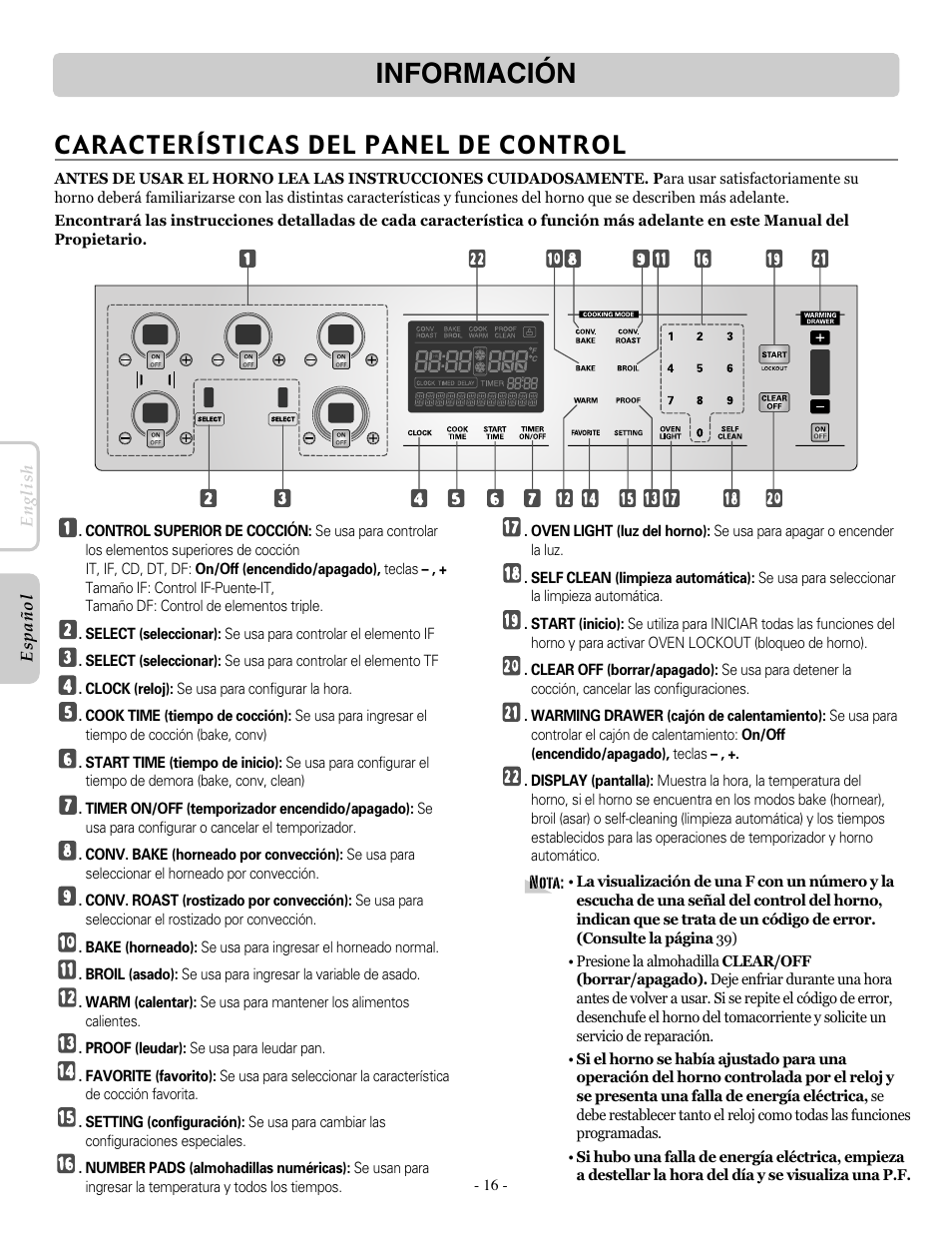 Información, Características del panel de control | LG LRE30955ST User Manual | Page 60 / 88