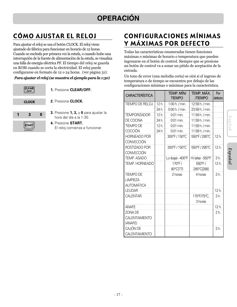 Operación, Cómo ajustar el reloj, Configuraciones mínimas y máximas por defecto | LG LRE30955ST User Manual | Page 61 / 88