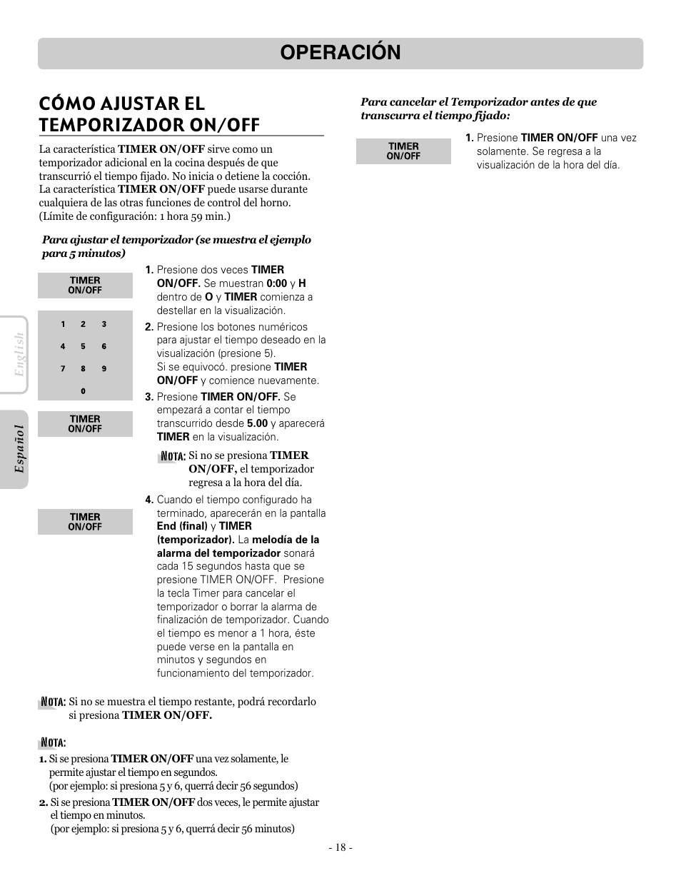 Operación, Cómo ajustar el temporizador on/off | LG LRE30955ST User Manual | Page 62 / 88