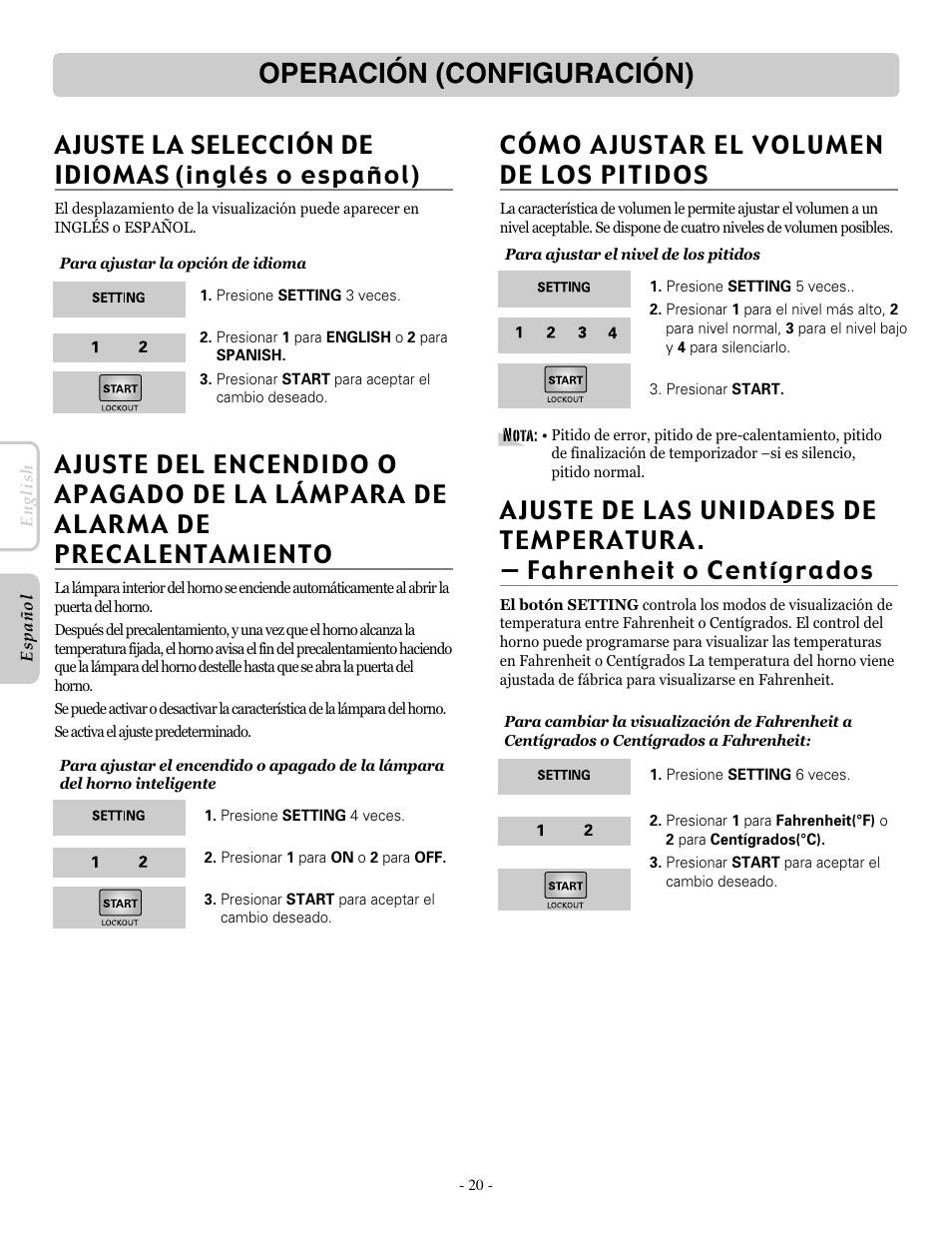 Operación (configuración), Cómo ajustar el volumen de los pitidos, Ajuste la selección de idiomas (inglés o español) | LG LRE30955ST User Manual | Page 64 / 88