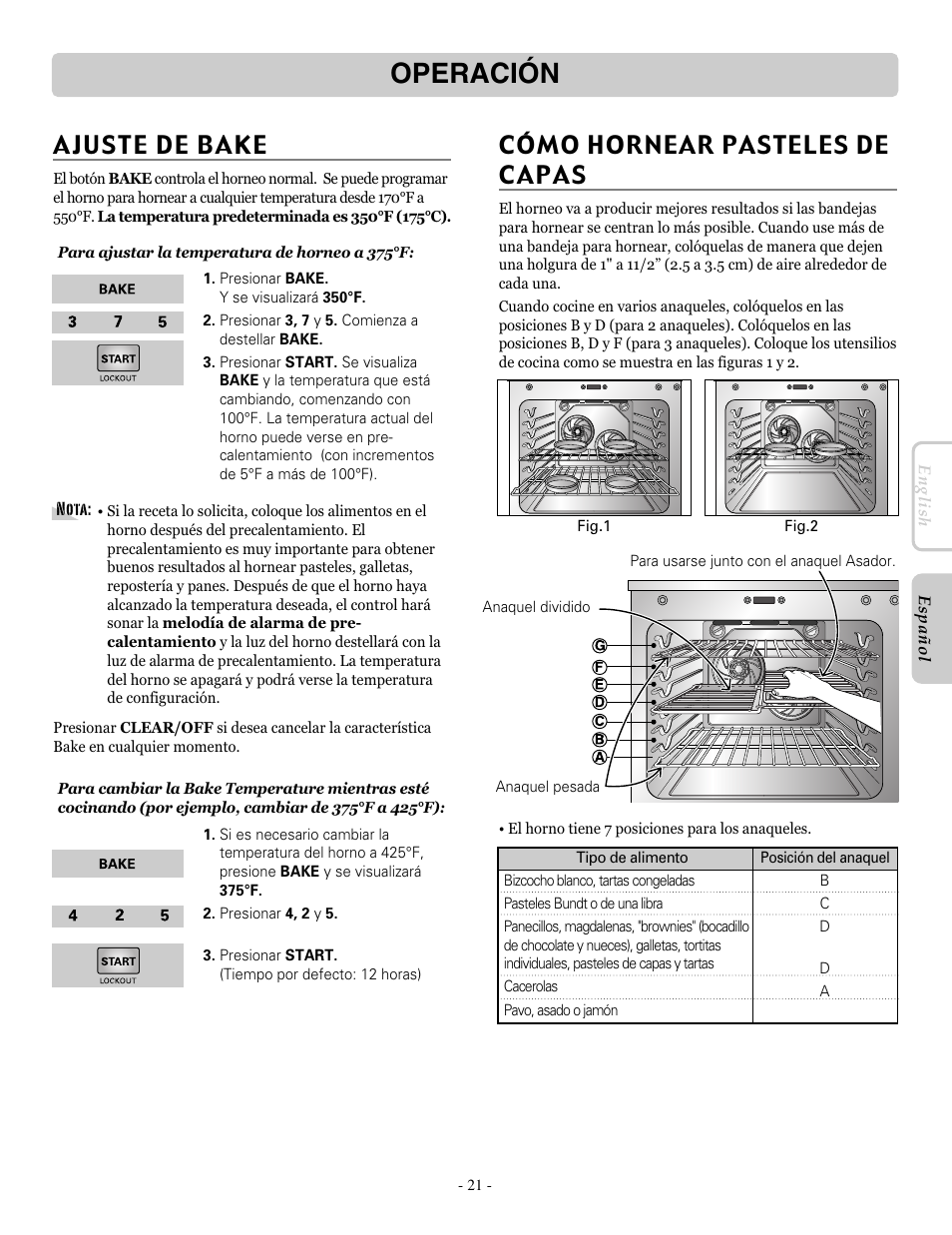 Operación, Ajuste de bake, Cómo hornear pasteles de capas | LG LRE30955ST User Manual | Page 65 / 88