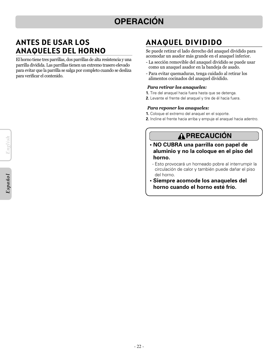 Operación, Antes de usar los anaqueles del horno, Anaquel dividido | Precaución | LG LRE30955ST User Manual | Page 66 / 88