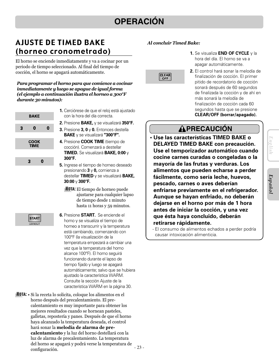 Operación, Ajuste de timed bake (horneo cronometrado), Precaución | LG LRE30955ST User Manual | Page 67 / 88