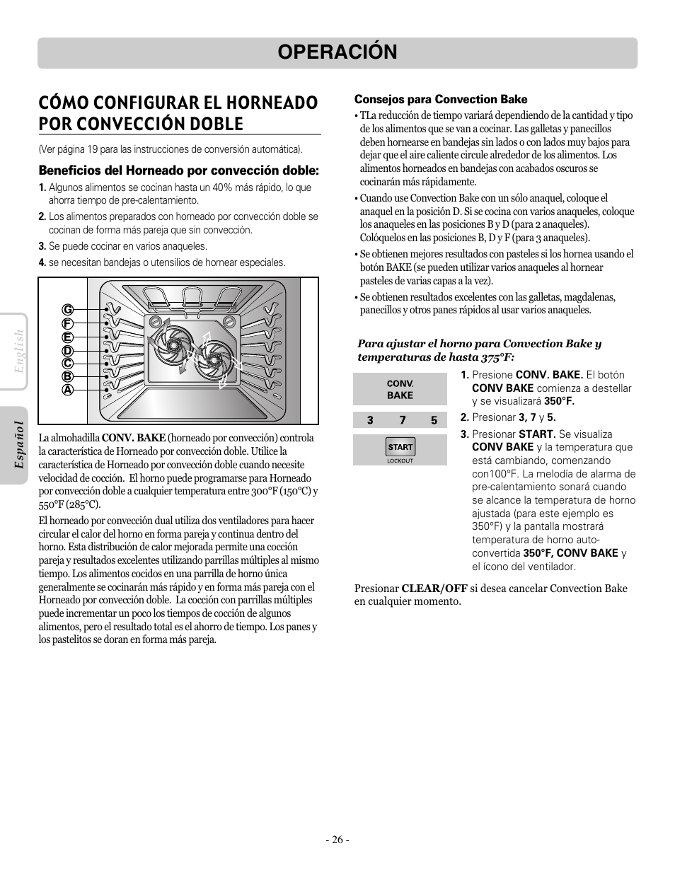 Operación, Cómo configurar el horneado por convección doble | LG LRE30955ST User Manual | Page 70 / 88