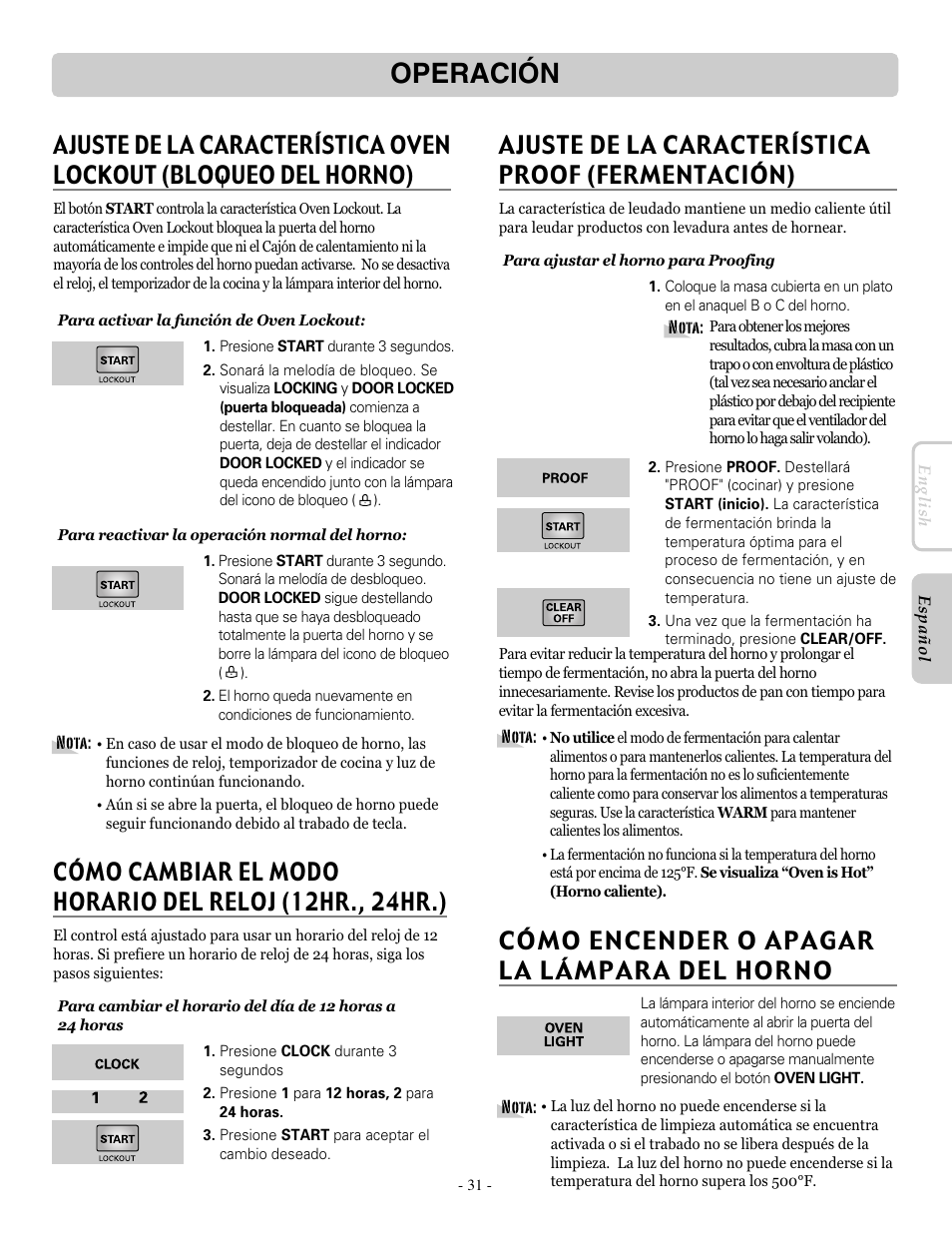 Operación, Ajuste de la característica proof (fermentación), Cómo encender o apagar la lámpara del horno | LG LRE30955ST User Manual | Page 75 / 88