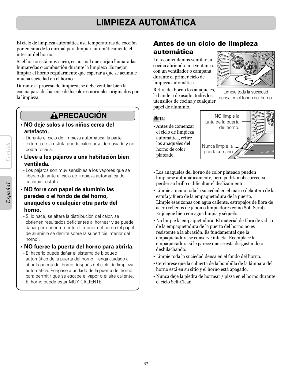 Limpieza automática, Precaución, Antes de un ciclo de limpieza automática | LG LRE30955ST User Manual | Page 76 / 88