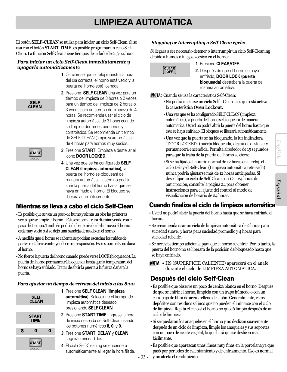 Limpieza automática, Mientras se lleva a cabo el ciclo self-clean, Cuando finaliza el ciclo de limpieza automática | Después del ciclo self-clean | LG LRE30955ST User Manual | Page 77 / 88