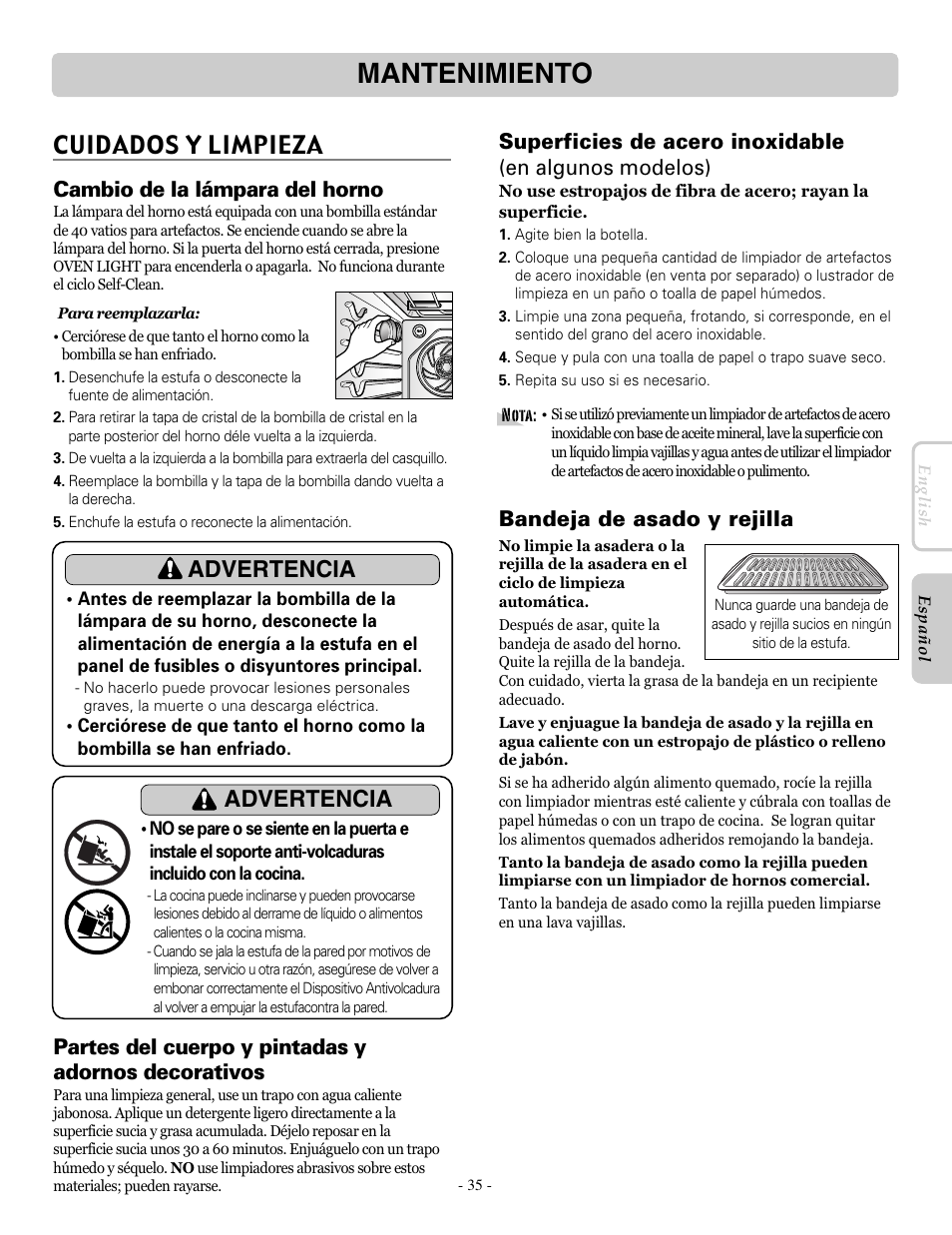 Mantenimiento, Cuidados y limpieza, Advertencia | Cambio de la lámpara del horno, Partes del cuerpo y pintadas y adornos decorativos, Bandeja de asado y rejilla | LG LRE30955ST User Manual | Page 79 / 88