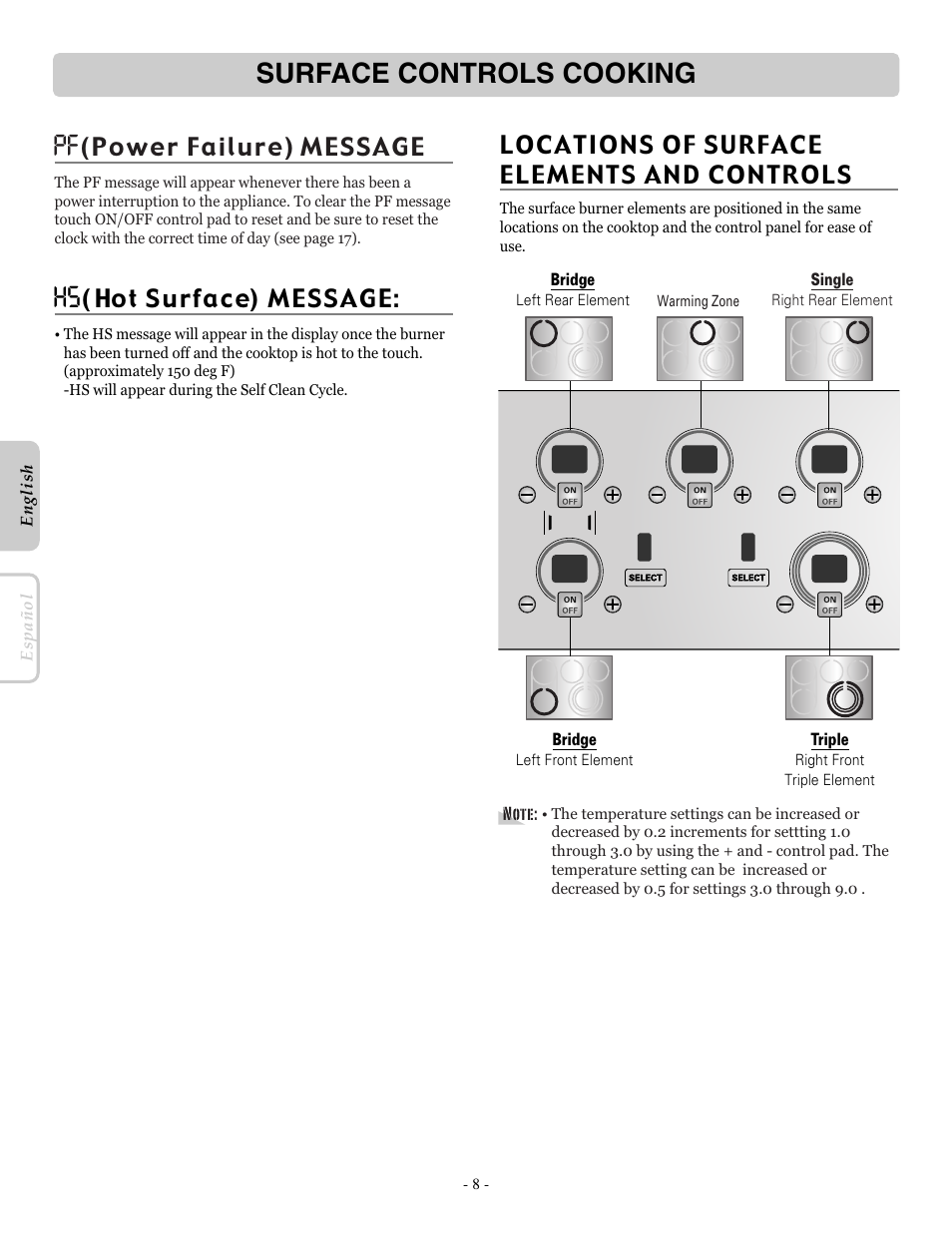 Surface controls cooking, Locations of surface elements and controls | LG LRE30955ST User Manual | Page 8 / 88