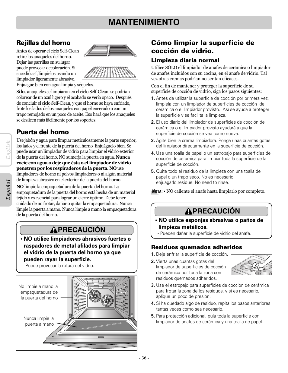 Mantenimiento, Precaución, Rejillas del horno | Cómo limpiar la superficie de cocción de vidrio, Puerta del horno | LG LRE30955ST User Manual | Page 80 / 88