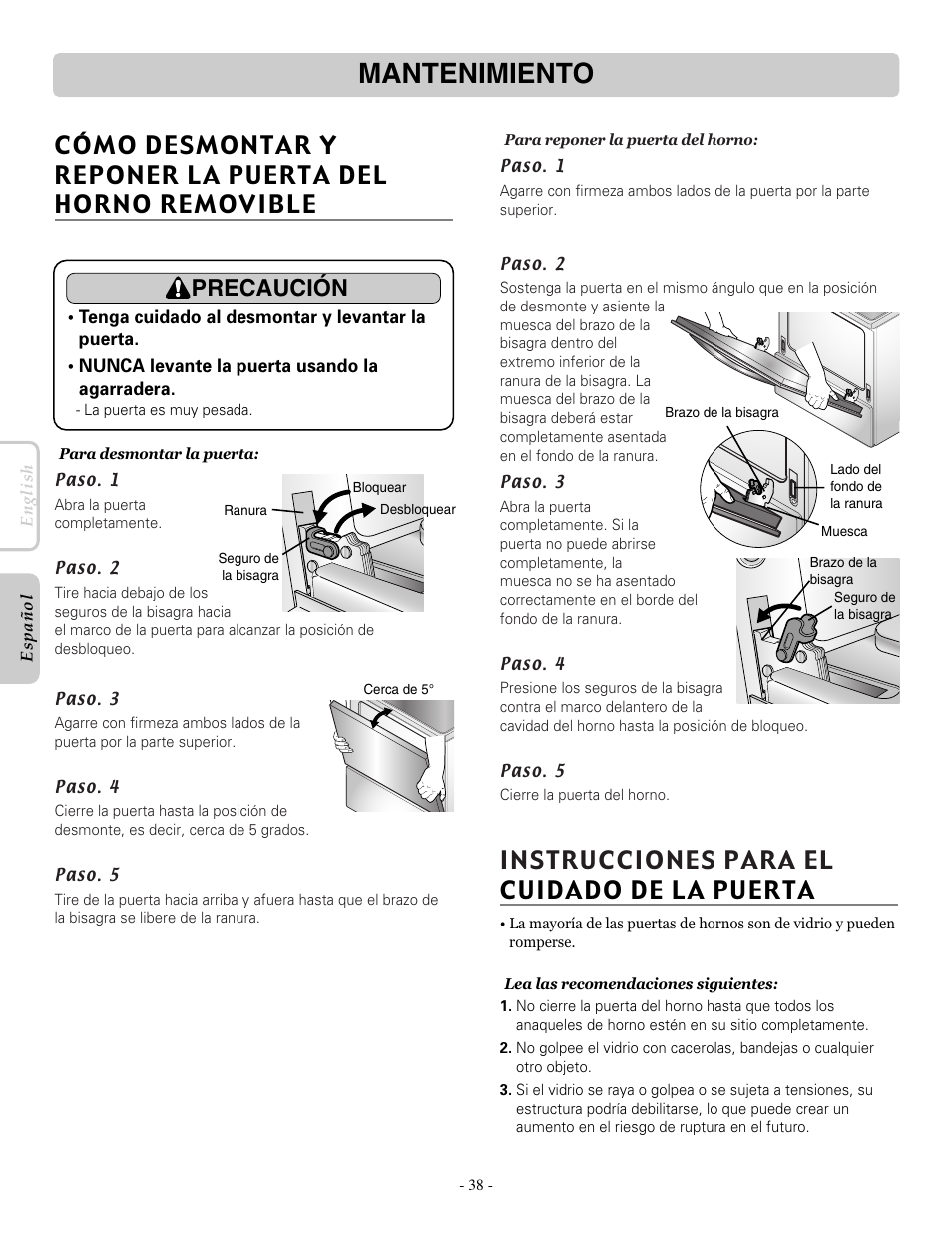 Mantenimiento, Instrucciones para el cuidado de la puerta, Precaución | LG LRE30955ST User Manual | Page 82 / 88
