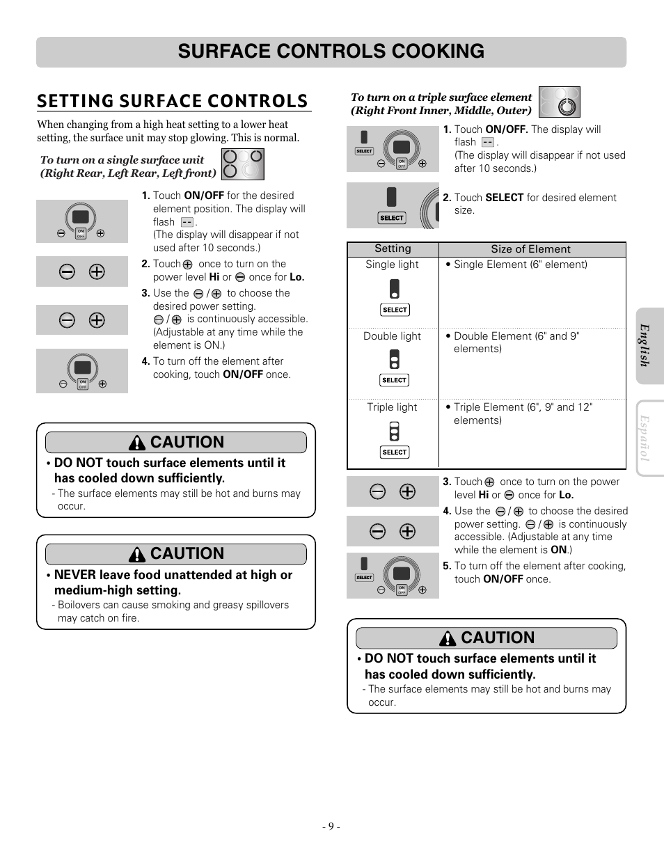 Surface controls cooking, Setting surface controls, Caution | LG LRE30955ST User Manual | Page 9 / 88